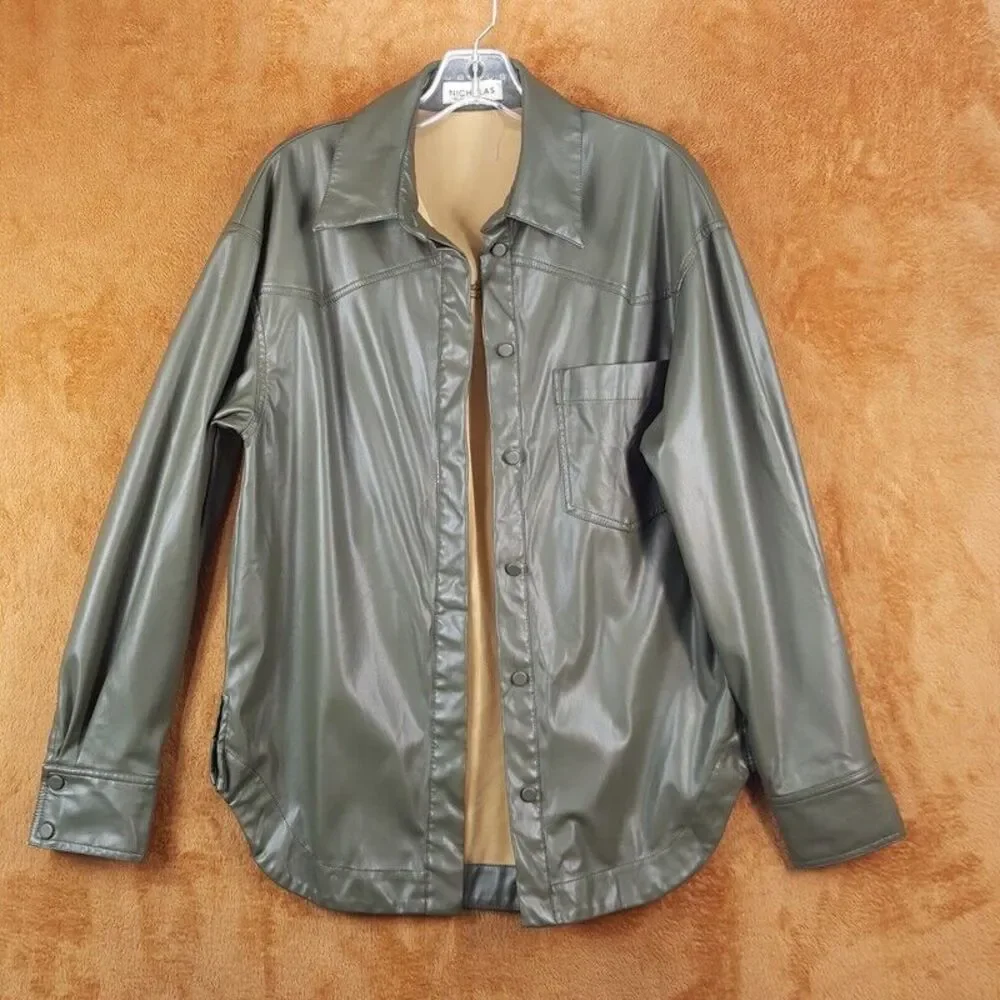 NICHOLAS Jacket Womens Size 6 Green Faux Leather Button Up Shirt ARETHA Shacket